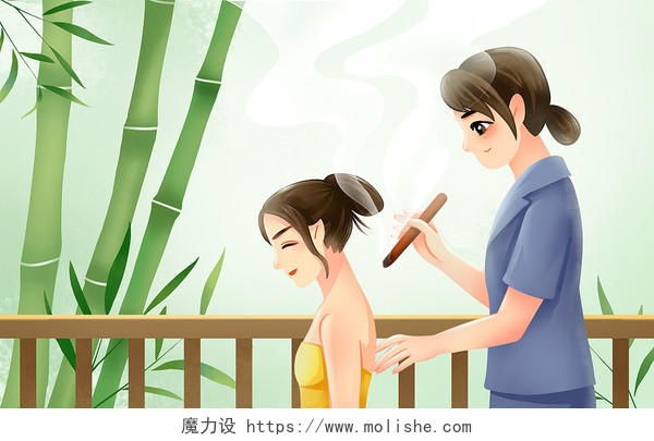 卡通手绘艾灸插画竹林边艾灸疗养的女子插画原创插画海报